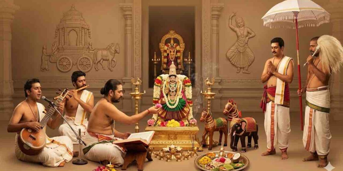 Traditional Hindu puja scene illustrating Shodashopachara and Rajopachara services with musicians, priests chanting Vedas, and devotees holding ceremonial umbrellas and fans around an adorned deity.