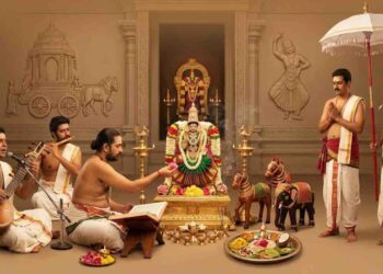 Traditional Hindu puja scene illustrating Shodashopachara and Rajopachara services with musicians, priests chanting Vedas, and devotees holding ceremonial umbrellas and fans around an adorned deity.