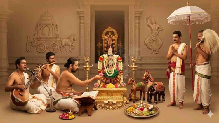 Traditional Hindu puja scene illustrating Shodashopachara and Rajopachara services with musicians, priests chanting Vedas, and devotees holding ceremonial umbrellas and fans around an adorned deity.