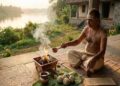 A traditional Hindu Brahmin priest performs a Shraddha (ancestral ritual) at sunrise on the banks of a serene Indian river, offering pindas and water near a sacred fire.