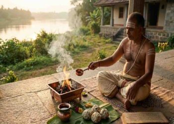 A traditional Hindu Brahmin priest performs a Shraddha (ancestral ritual) at sunrise on the banks of a serene Indian river, offering pindas and water near a sacred fire.