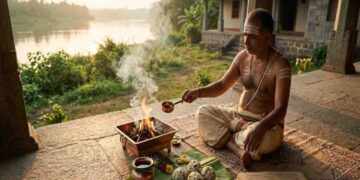 A traditional Hindu Brahmin priest performs a Shraddha (ancestral ritual) at sunrise on the banks of a serene Indian river, offering pindas and water near a sacred fire.