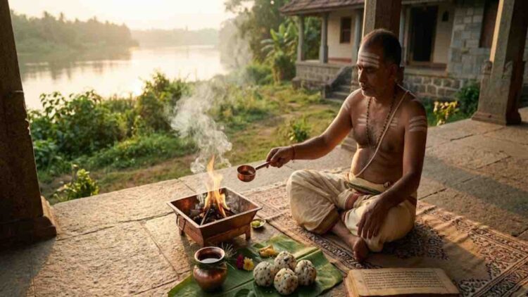 A traditional Hindu Brahmin priest performs a Shraddha (ancestral ritual) at sunrise on the banks of a serene Indian river, offering pindas and water near a sacred fire.