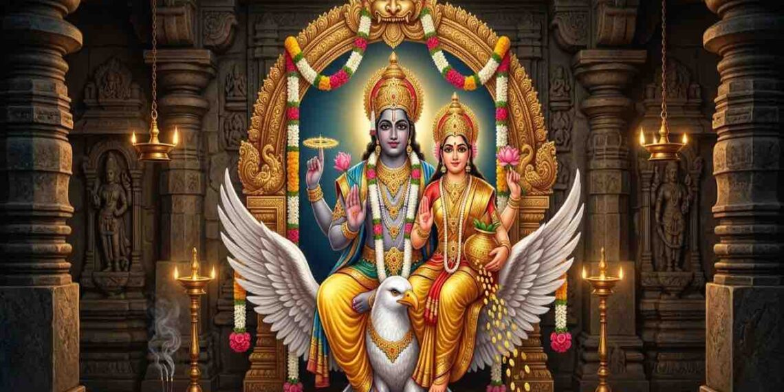 Divine devotional image of Lord Lakshmi Narayana seated on the celestial bird Garuda within a traditional Indian temple, showering gold coins.