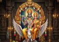 Divine devotional image of Lord Lakshmi Narayana seated on the celestial bird Garuda within a traditional Indian temple, showering gold coins.