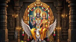 Divine devotional image of Lord Lakshmi Narayana seated on the celestial bird Garuda within a traditional Indian temple, showering gold coins.