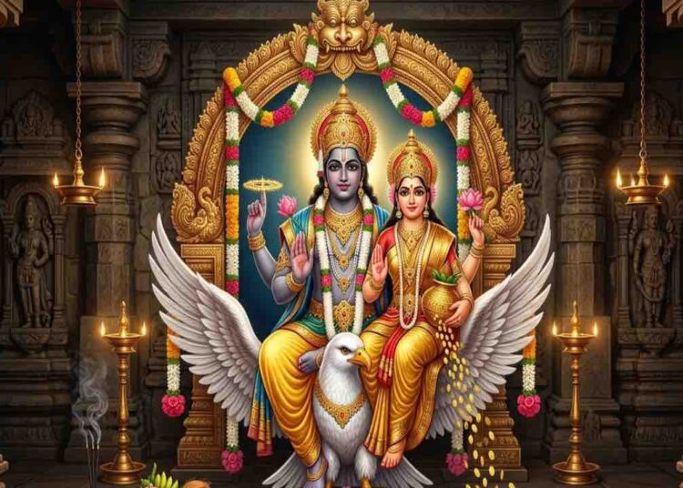Divine devotional image of Lord Lakshmi Narayana seated on the celestial bird Garuda within a traditional Indian temple, showering gold coins.