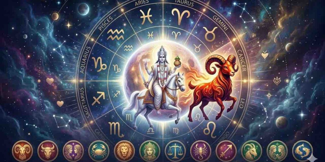 An artistic representation of Lord Shukra (Venus) riding a white horse with the zodiac wheel and a prominent Aries ram symbol in the background.