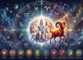 An artistic representation of Lord Shukra (Venus) riding a white horse with the zodiac wheel and a prominent Aries ram symbol in the background.