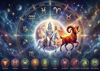 An artistic representation of Lord Shukra (Venus) riding a white horse with the zodiac wheel and a prominent Aries ram symbol in the background.