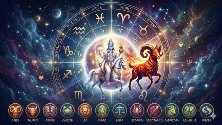 An artistic representation of Lord Shukra (Venus) riding a white horse with the zodiac wheel and a prominent Aries ram symbol in the background.