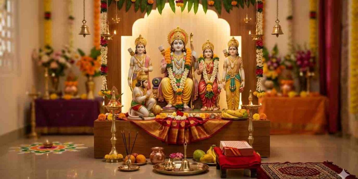 Lord Rama with Sita, Lakshmana, and Hanuman in a traditional divine setting, celebrating Sri Rama Navami.