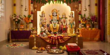 Lord Rama with Sita, Lakshmana, and Hanuman in a traditional divine setting, celebrating Sri Rama Navami.