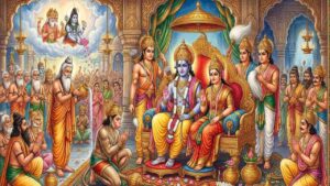 Traditional Indian painting of Lord Rama's coronation ceremony (Pattabhisheka) in Ayodhya.