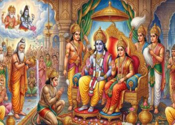 Traditional Indian painting of Lord Rama's coronation ceremony (Pattabhisheka) in Ayodhya.