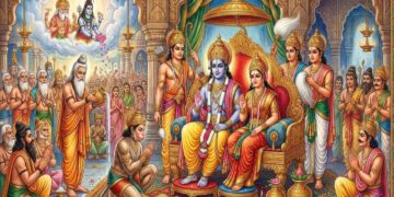 Traditional Indian painting of Lord Rama's coronation ceremony (Pattabhisheka) in Ayodhya.