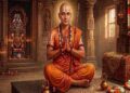 A serene portrait of Sri Ramanujacharya in Sanyasi attire with a shaven head, wearing saffron robes and a traditional Vaishnava Tilaka (Nama), sitting in a prayerful posture inside a temple setting.
