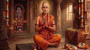 A serene portrait of Sri Ramanujacharya in Sanyasi attire with a shaven head, wearing saffron robes and a traditional Vaishnava Tilaka (Nama), sitting in a prayerful posture inside a temple setting.