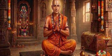 A serene portrait of Sri Ramanujacharya in Sanyasi attire with a shaven head, wearing saffron robes and a traditional Vaishnava Tilaka (Nama), sitting in a prayerful posture inside a temple setting.