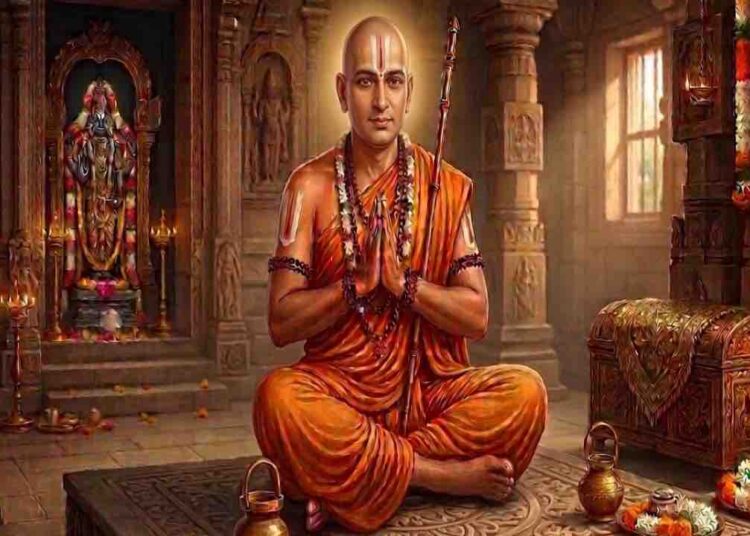 A serene portrait of Sri Ramanujacharya in Sanyasi attire with a shaven head, wearing saffron robes and a traditional Vaishnava Tilaka (Nama), sitting in a prayerful posture inside a temple setting.