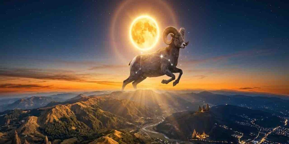 Illustration of a powerful glowing sun over the Aries zodiac sign (Ram) representing the transition from Pisces to Aries.