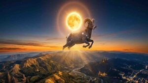 Illustration of a powerful glowing sun over the Aries zodiac sign (Ram) representing the transition from Pisces to Aries.