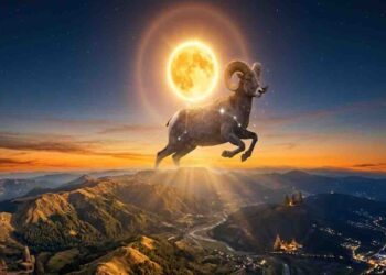Illustration of a powerful glowing sun over the Aries zodiac sign (Ram) representing the transition from Pisces to Aries.
