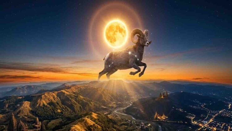 Illustration of a powerful glowing sun over the Aries zodiac sign (Ram) representing the transition from Pisces to Aries.