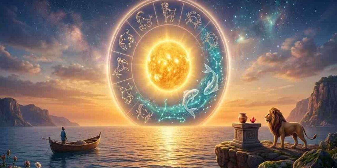 A majestic glowing sun entering the Pisces zodiac sign within a golden astrological wheel, set against a serene ocean sunset with a lion and spiritual elements, representing the sun transit in Vedic astrology.