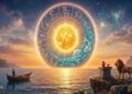 A majestic glowing sun entering the Pisces zodiac sign within a golden astrological wheel, set against a serene ocean sunset with a lion and spiritual elements, representing the sun transit in Vedic astrology.