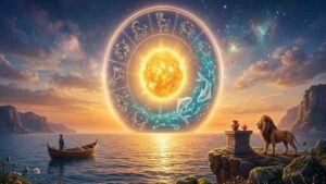 A majestic glowing sun entering the Pisces zodiac sign within a golden astrological wheel, set against a serene ocean sunset with a lion and spiritual elements, representing the sun transit in Vedic astrology.