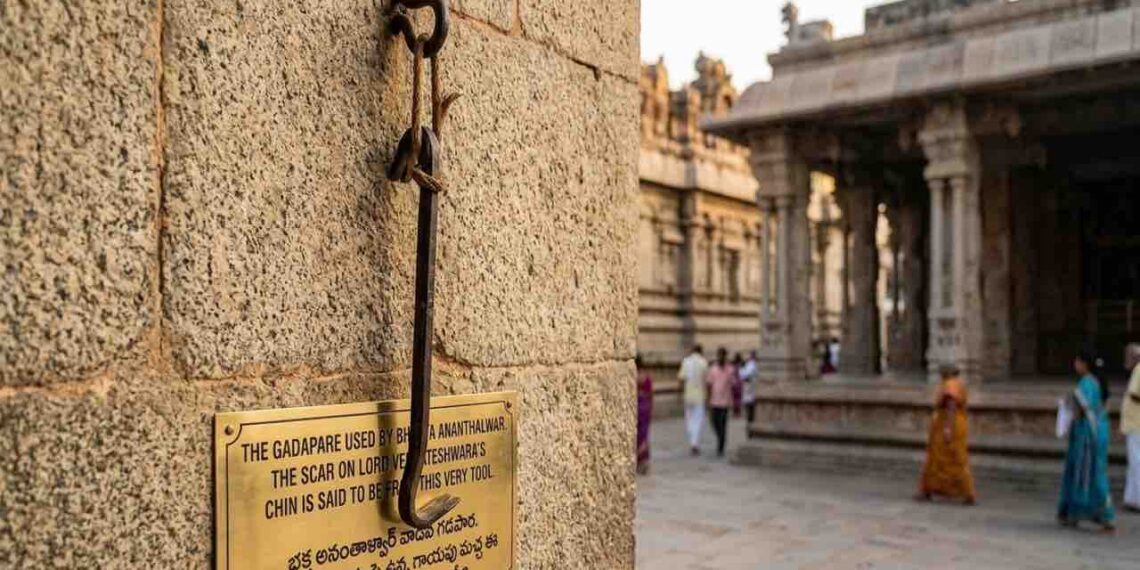 AI generated illustration of Lord Venkateshwara as a young boy and devotee Ananthalwar with a crowbar in Tirumala garden.