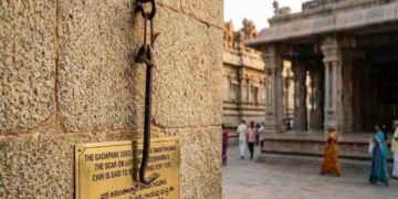 AI generated illustration of Lord Venkateshwara as a young boy and devotee Ananthalwar with a crowbar in Tirumala garden.