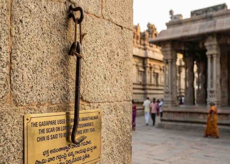 AI generated illustration of Lord Venkateshwara as a young boy and devotee Ananthalwar with a crowbar in Tirumala garden.