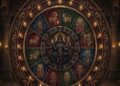 A detailed circular Vedic astrology wheel depicting the twelve zodiac signs with traditional symbols and a central deity figure, illuminated by oil lamps in a temple-like setting.