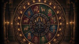 A detailed circular Vedic astrology wheel depicting the twelve zodiac signs with traditional symbols and a central deity figure, illuminated by oil lamps in a temple-like setting.