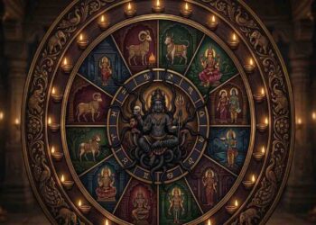 A detailed circular Vedic astrology wheel depicting the twelve zodiac signs with traditional symbols and a central deity figure, illuminated by oil lamps in a temple-like setting.