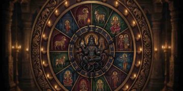 A detailed circular Vedic astrology wheel depicting the twelve zodiac signs with traditional symbols and a central deity figure, illuminated by oil lamps in a temple-like setting.