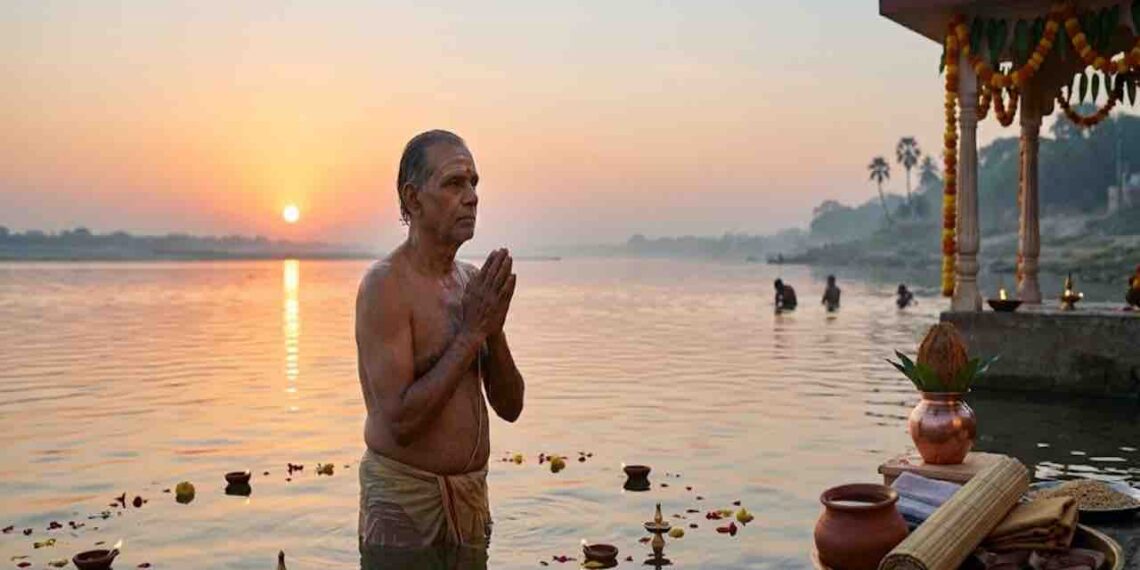 A Hindu devotee performs the sacred Vaishakha Snana ritual in a river at sunrise, with traditional offering items like a copper pot, cloth, and sandals placed on the river bank.