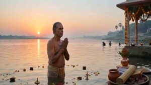A Hindu devotee performs the sacred Vaishakha Snana ritual in a river at sunrise, with traditional offering items like a copper pot, cloth, and sandals placed on the river bank.