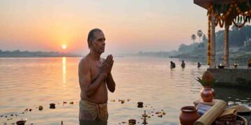 A Hindu devotee performs the sacred Vaishakha Snana ritual in a river at sunrise, with traditional offering items like a copper pot, cloth, and sandals placed on the river bank.