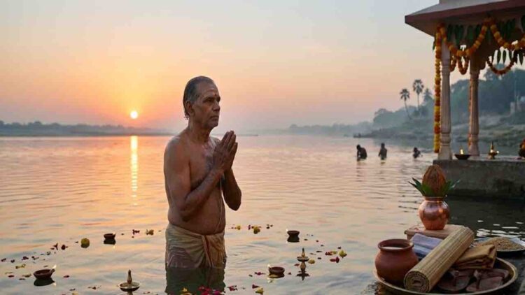 A Hindu devotee performs the sacred Vaishakha Snana ritual in a river at sunrise, with traditional offering items like a copper pot, cloth, and sandals placed on the river bank.