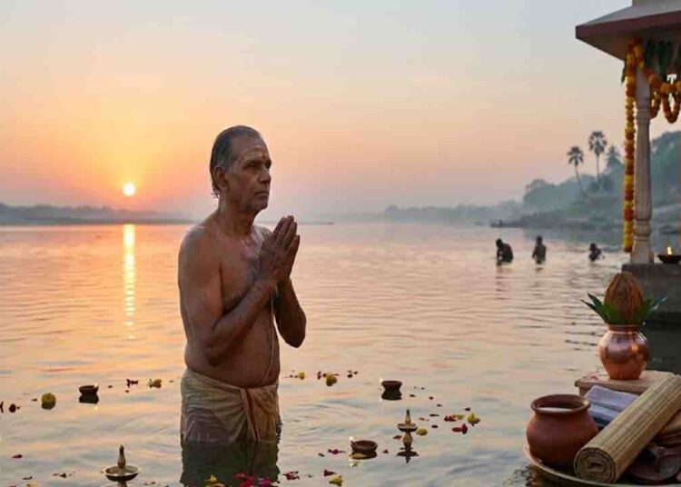 A Hindu devotee performs the sacred Vaishakha Snana ritual in a river at sunrise, with traditional offering items like a copper pot, cloth, and sandals placed on the river bank.