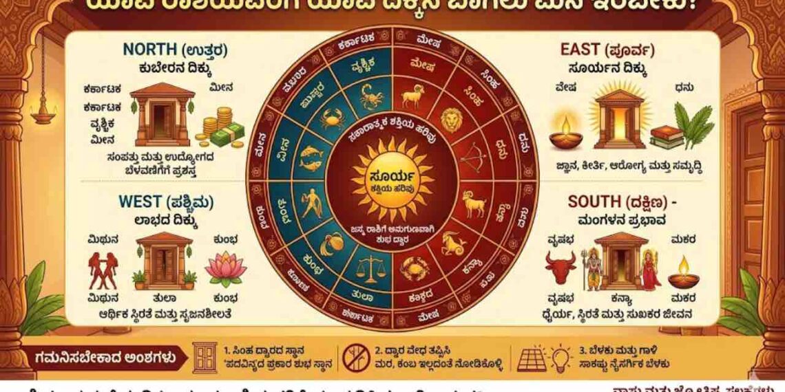 An informative Kannada infographic illustrating ideal home main entrance directions based on Hindu zodiac signs (Rashi). It features a central zodiac wheel surrounded by four quadrants detailed for East, West, North, and South. Each quadrant lists specific compatible Rashis with their symbols and describes corresponding benefits like health, prosperity, economic stability, and career growth. The image also includes important Vastu tips and is titled 'Rashi Prakara Mane Bagilu Vastu'.