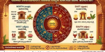 An informative Kannada infographic illustrating ideal home main entrance directions based on Hindu zodiac signs (Rashi). It features a central zodiac wheel surrounded by four quadrants detailed for East, West, North, and South. Each quadrant lists specific compatible Rashis with their symbols and describes corresponding benefits like health, prosperity, economic stability, and career growth. The image also includes important Vastu tips and is titled 'Rashi Prakara Mane Bagilu Vastu'.