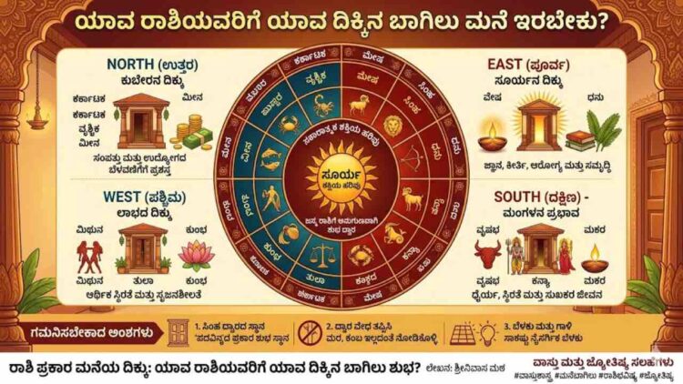 An informative Kannada infographic illustrating ideal home main entrance directions based on Hindu zodiac signs (Rashi). It features a central zodiac wheel surrounded by four quadrants detailed for East, West, North, and South. Each quadrant lists specific compatible Rashis with their symbols and describes corresponding benefits like health, prosperity, economic stability, and career growth. The image also includes important Vastu tips and is titled 'Rashi Prakara Mane Bagilu Vastu'.