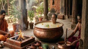 A Vedic ritual scene showing a person submerged up to the neck in Panchagavya inside a large copper vessel, with priests performing a homam nearby.