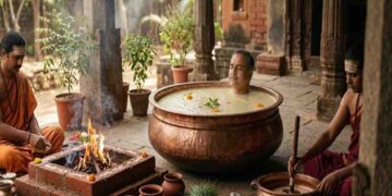 A Vedic ritual scene showing a person submerged up to the neck in Panchagavya inside a large copper vessel, with priests performing a homam nearby.