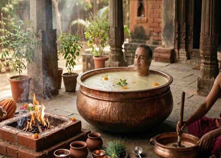 A Vedic ritual scene showing a person submerged up to the neck in Panchagavya inside a large copper vessel, with priests performing a homam nearby.