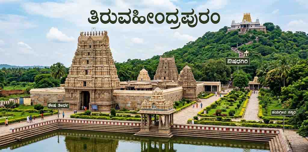 An elevated view of the historic Thiruvanthipuram temple complex in Cuddalore district, Tamil Nadu, featuring multiple gopurams and a sacred temple tank, with forested hills in the background.